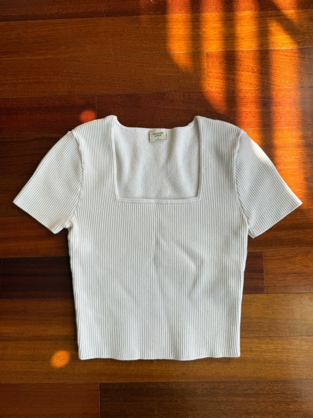 Abercrombie & Fitch White Ribbed Square-Neck Short Sleeve Top
